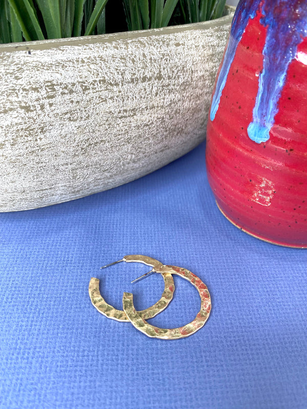 Hammered Flat Round Metal Hoop Earrings in Gold