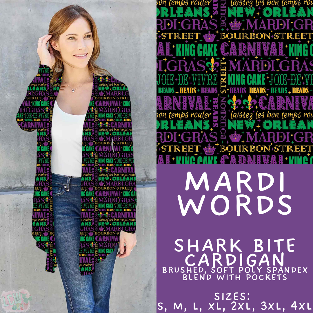 Batch #605 - Mardi Party - Closes 10/28 - ETA late Dec - Mardi Words Cardigan