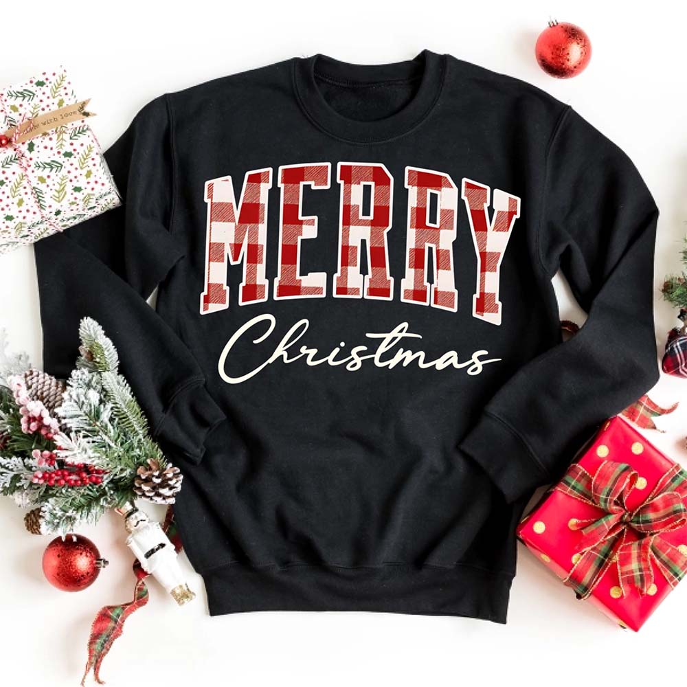 Merry Christmas Matching Sweatshirt - Buffalo Plaid Family Crewneck