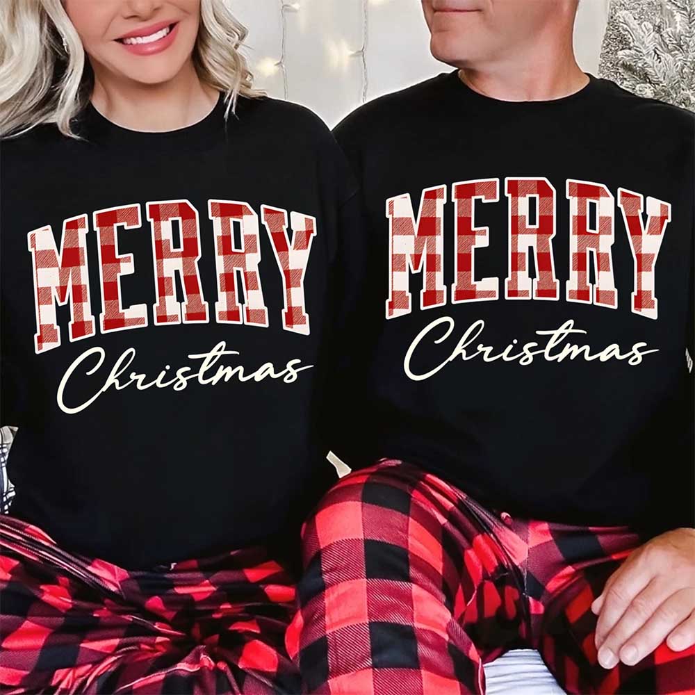 Merry Christmas Matching Sweatshirt - Buffalo Plaid Family Crewneck