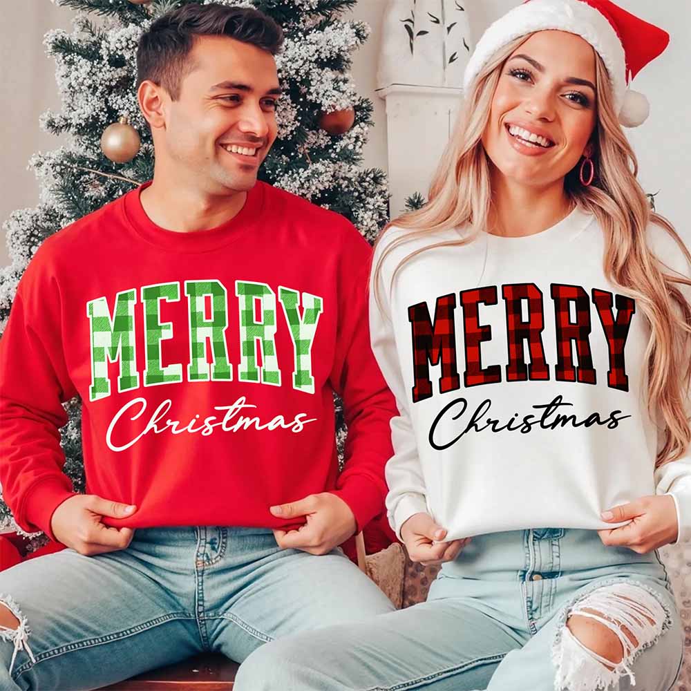 Merry Christmas Matching Sweatshirt - Buffalo Plaid Family Crewneck