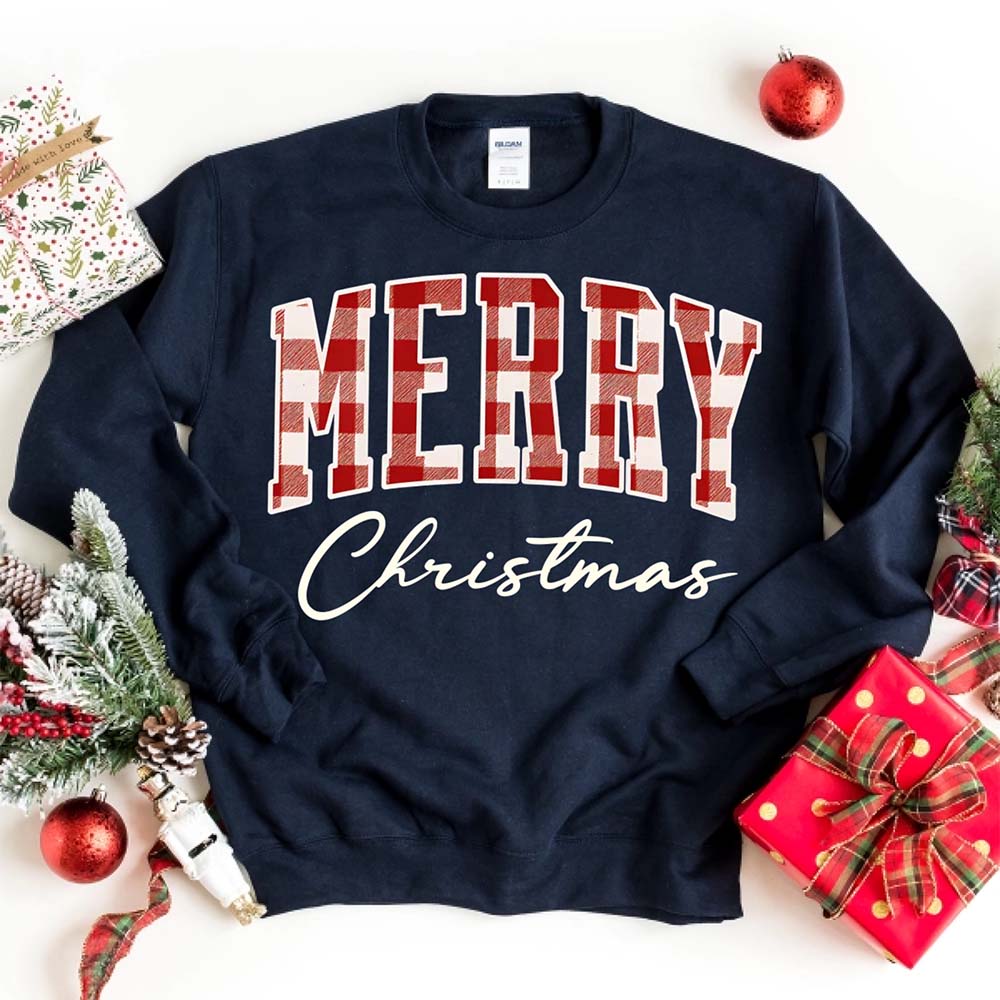 Merry Christmas Matching Sweatshirt - Buffalo Plaid Family Crewneck