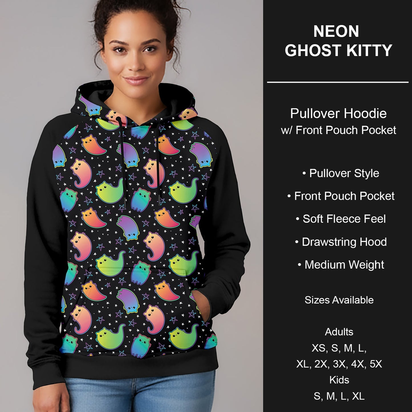 B297 - Preorder Neon Ghost Kitty Pullover Hoodie (Closes 6/28. ETA early Sept.)