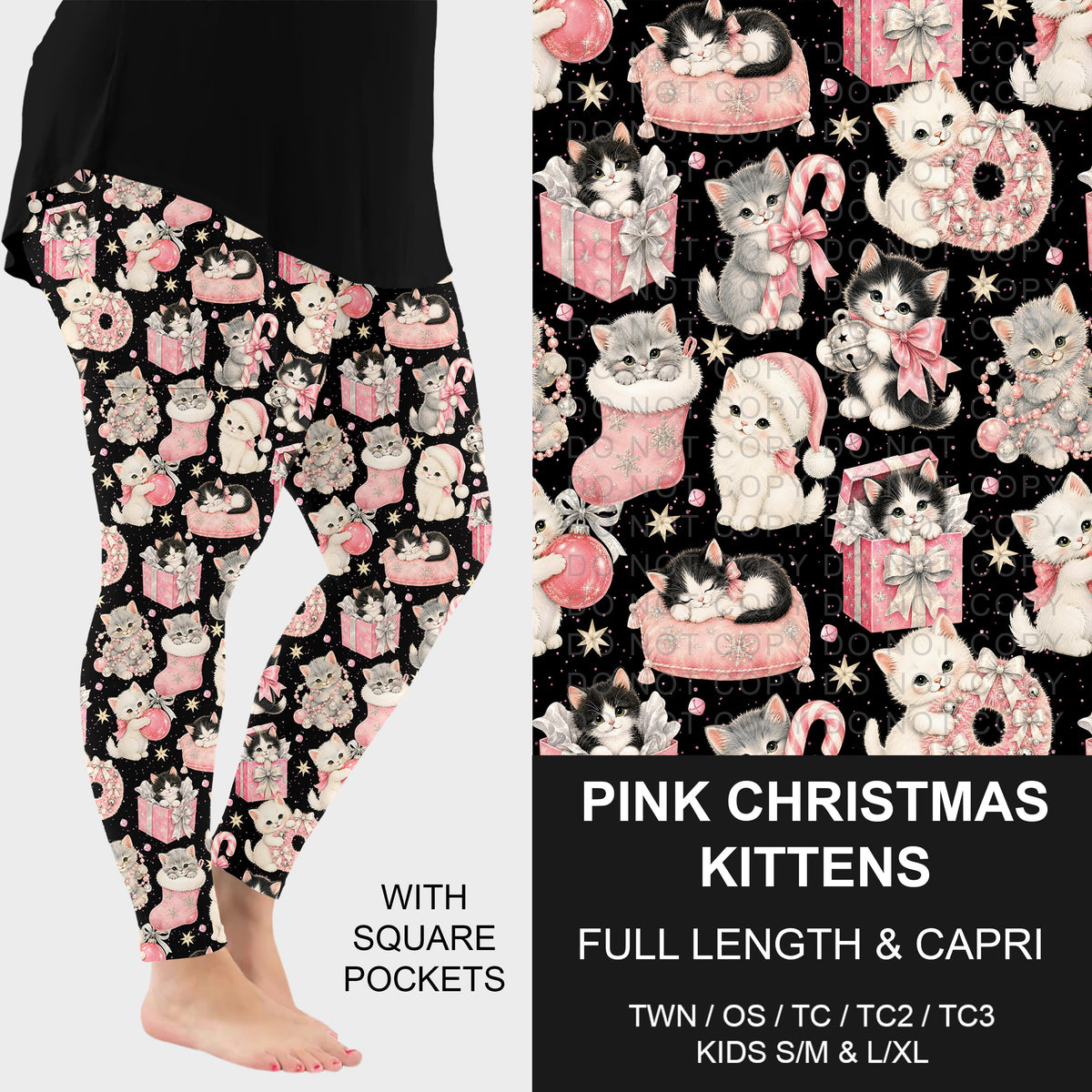 B313 - Preorder Pink Christmas Kittens Leggings w/ Pockets (Closes 9/20. ETA: late Nov.)