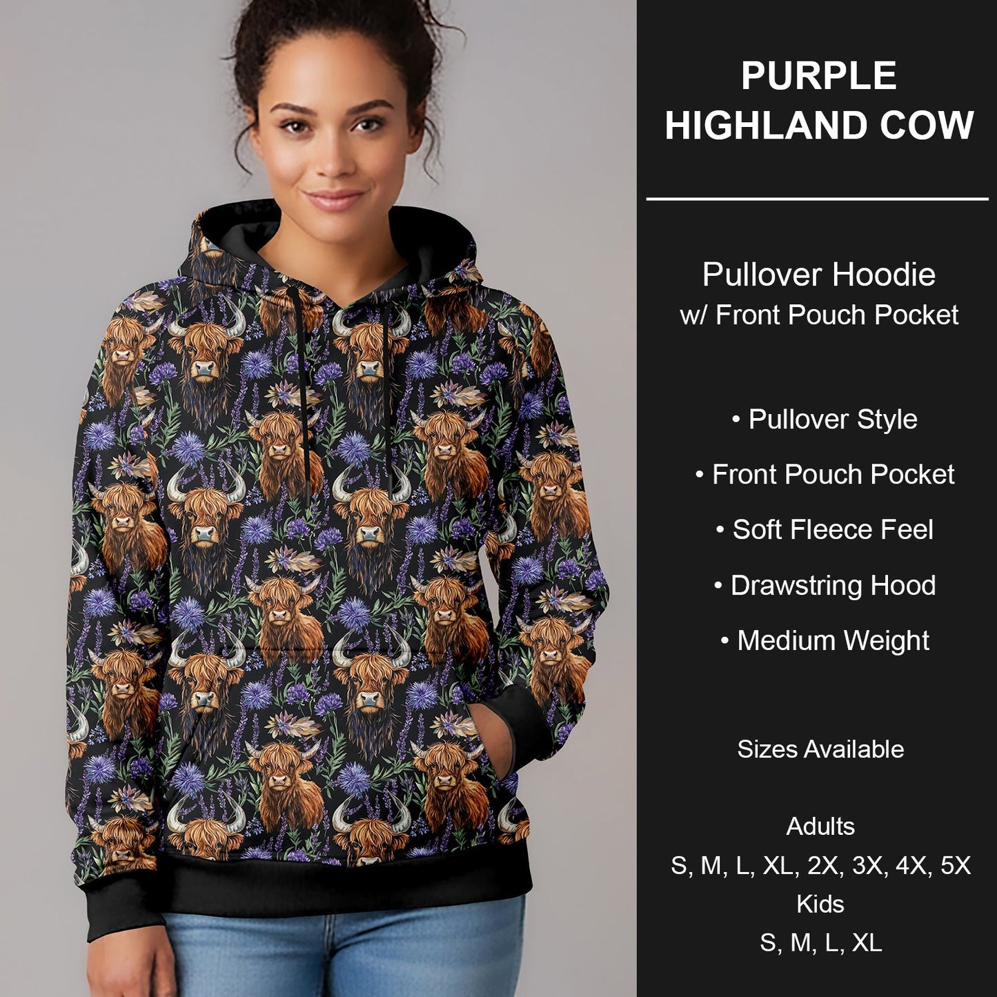 B266 - Preorder Purple Highland Cow Pullover Hoodie (Closes 12/17. ETA late Feb.)