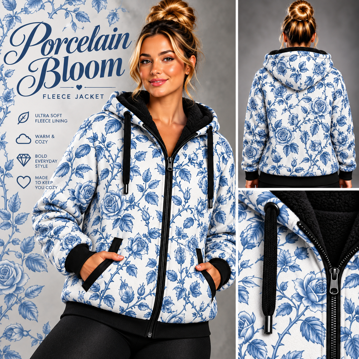 Porcelain Bloom-FLEECE LINED HOODED JACKET-PREORDER CLOSING 11/9