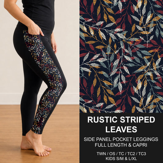 B308 - Preorder Rustic Striped Leaves Side Panel Pocket Leggings (Closes 8/16. ETA: late Oct.)