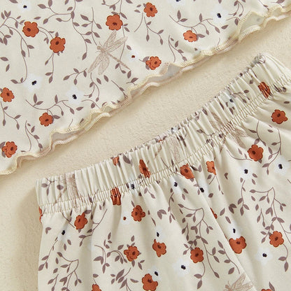 Baby Toddler Girls 2Pcs Set Floral Print Lettuce Trim Short Sleeve T-shirt Top Elastic Waist Shorts Summer Clothes Outfit