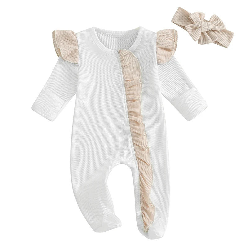 Baby Girls 2Pcs Outfit Long Sleeve Crew Neck Frills Zipper Romper Contrast Color Footies and Headband Set