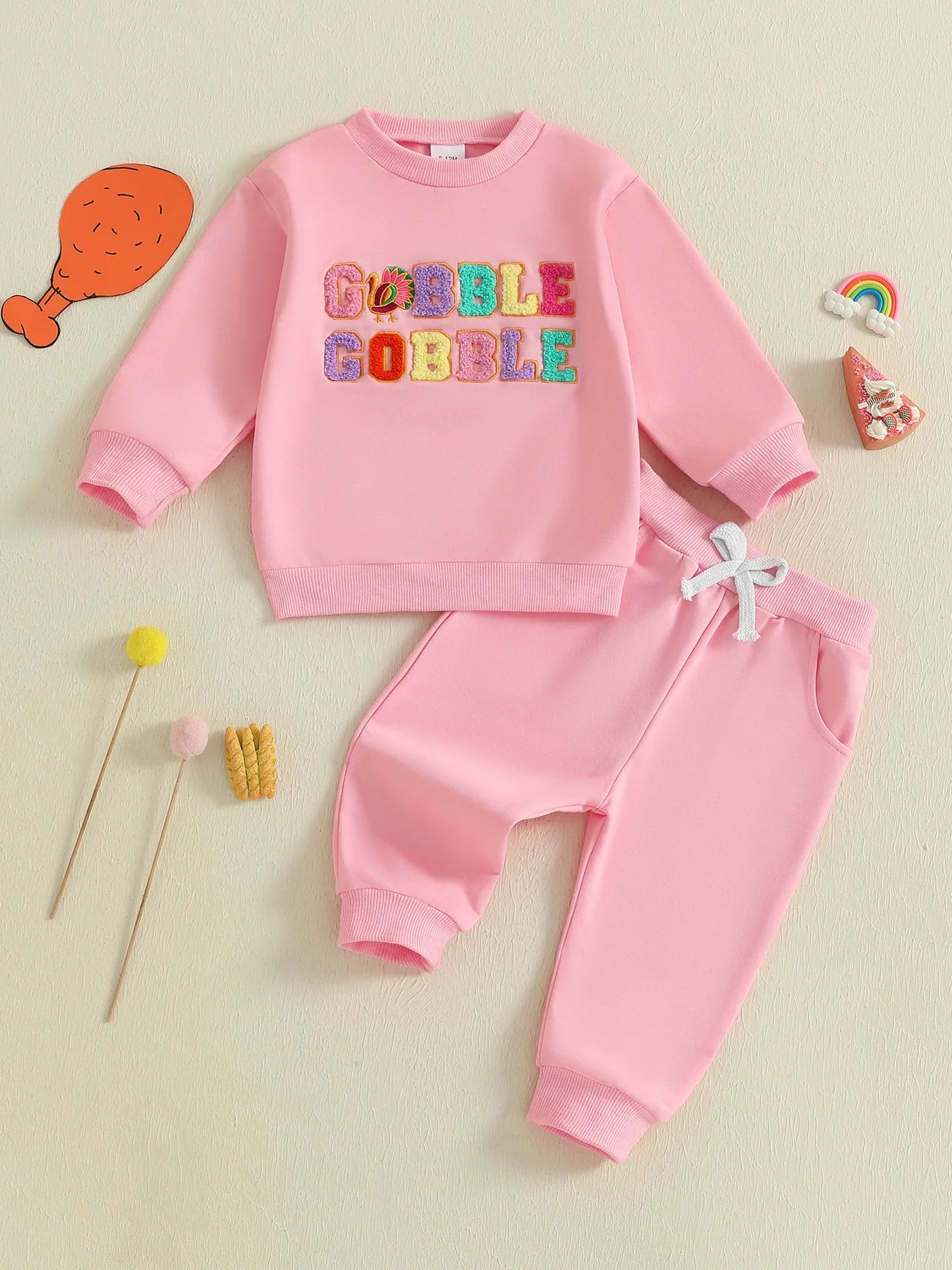 Baby Toddler Girls 2Pcs Thanksgiving Outfit Long Sleeve Turkey Gobble Embroidery Top + Pants Jogger Set Clothes