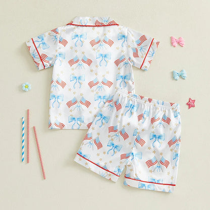 Toddler Girls Patriotic Pajamas Set Summer Star/Bow Print Button up Short Sleeves Shirt with Elastic Shorts for Loungewear