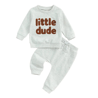 Baby Toddler Boys 2Pcs Little Dude Fall Outfit Long Sleeve Letter Embroidery Top + Pocket Pants Set