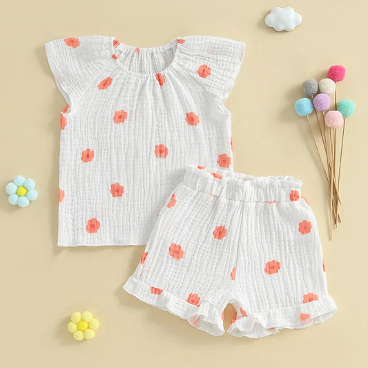 Baby Toddler Girls 2Pcs Floral Outfit Cap Sleeve T-shirt Top Elastic Waist Ruffle Shorts Summer Set