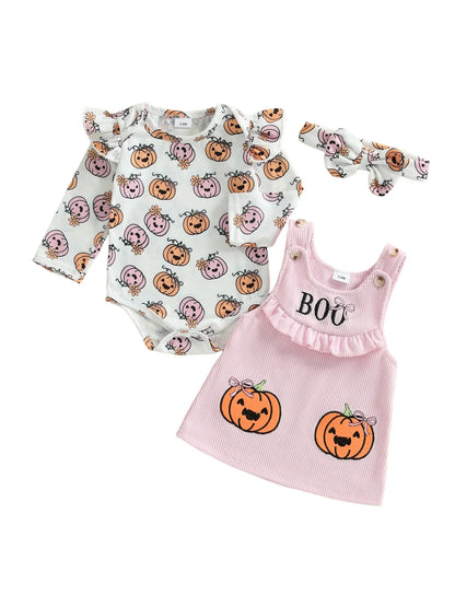 Baby Girls 3Pcs Halloween Outfit Pumpkin Print Long Sleeves Romper and Overall Tank Dress Bow Headband Set