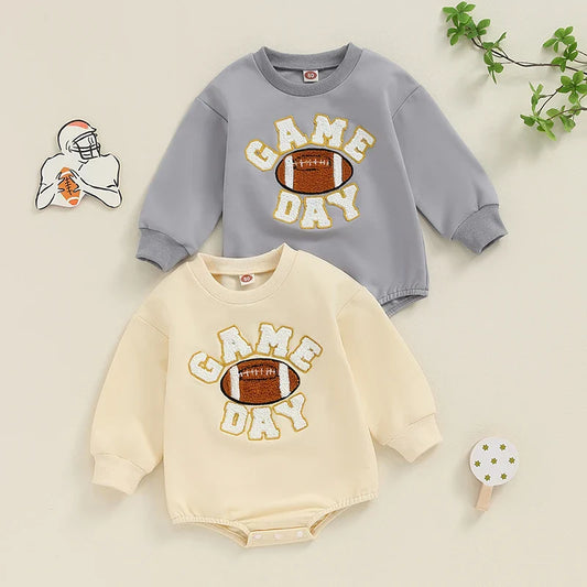 Baby Boys Girls Game Day Fall Bodysuit Letter Football Embroidery Long Sleeve Round Neck Jumpsuit Romper