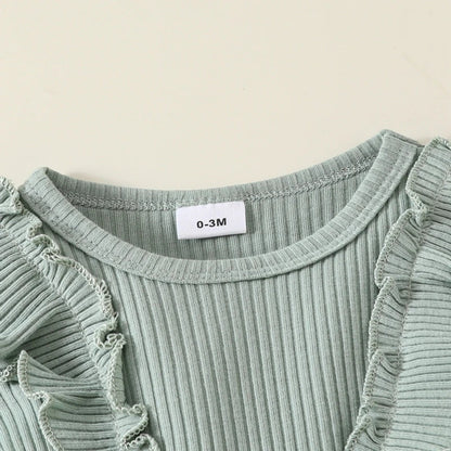 Baby Toddler Girls 2Pcs Fall Outfit Flower Print Ruffle Trim Long Sleeve Romper Dress Skirt Bow Headband Set