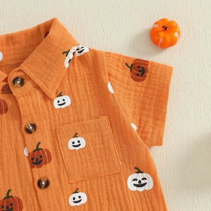 Baby Boys Halloween Outfits Pumpkin Print Button Short Sleeves T-Shirt and Elastic Shorts Set Clothes Set