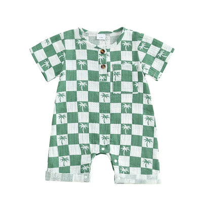 Baby Boy Romper Summer Short Sleeve Round Neck Checkered Tree Print Jumpsuit Playsuit