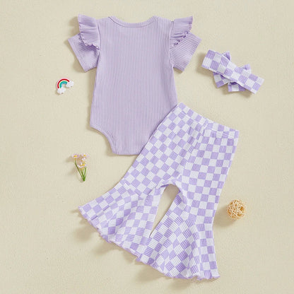 Baby Girls 3Pcs Summer Spring Clothes Solid Ribbed Short Sleeve Romper with Checkered Print Flare Long Pants and Headband Set