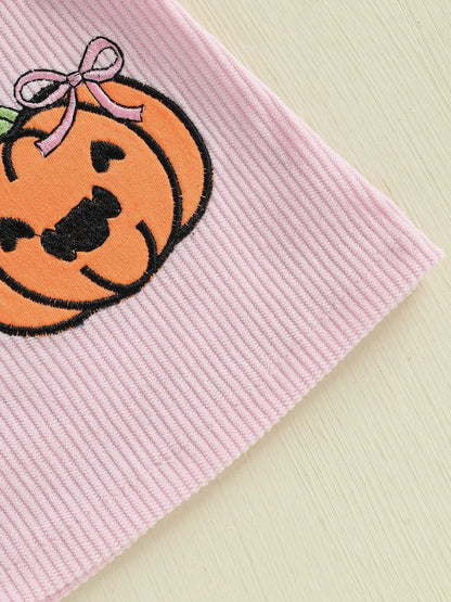 Baby Girls 3Pcs Halloween Outfit Pumpkin Print Long Sleeves Romper and Overall Tank Dress Bow Headband Set