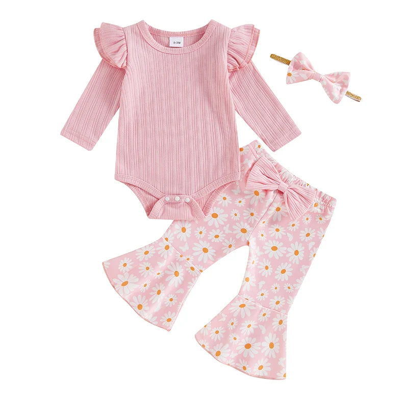 Baby Girl 3Pcs Fall Outfit Long Sleeve Ribbed Romper Daisy Flower Flare Pants Bow Headband Set