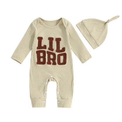 Baby Boy 2Pcs Lil Bro Jumpsuit and Hat Set Long Sleeve Round Neck Letter Print Ribbed Romper with Beanie Outfit