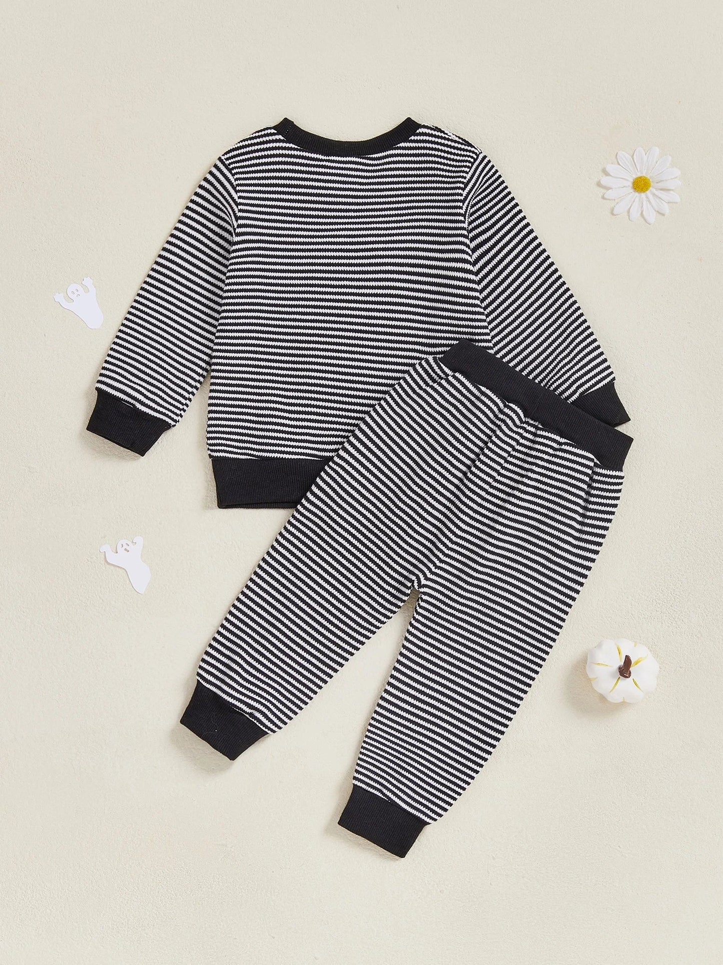 Baby Toddler Boys 2Pcs Halloween Outfit Ghost Embroidery Striped Long Sleeve Top and Elastic Pants Clothes Set
