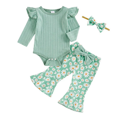 Baby Girl 3Pcs Fall Outfit Long Sleeve Ribbed Romper Daisy Flower Flare Pants Bow Headband Set