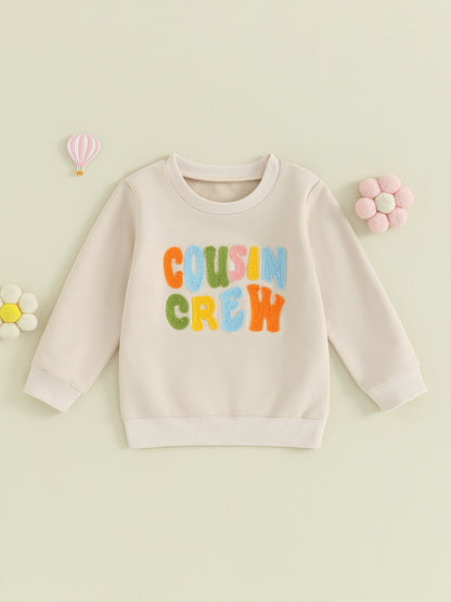 Toddler Baby Kids Boys Girls Fuzzy Letter Embroidery Cousin Crew Matching Long Sleeve Round Neck Pullover Loose Top