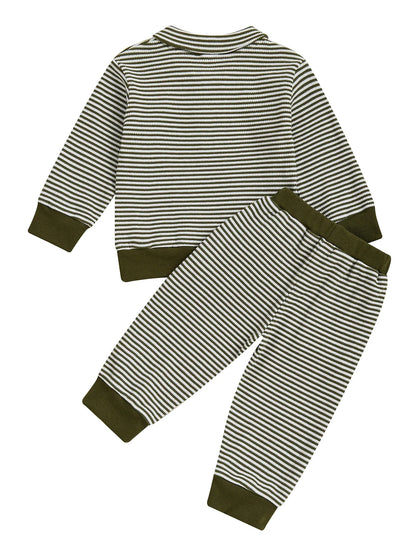 Baby Toddler Boys 2Pcs Long Sleeve Embroidery Duck Top with Striped Pants Infant Clothes Set