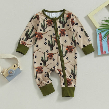Baby Boys Girls Jumpsuit Long Sleeve Cow/Horse Print Zipped Autumn Romper Clothes