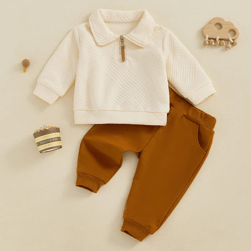 Baby Toddler Boys 2Pcs Autumn Outfit Set Long Sleeve Lapel Half Zip Up Pullover Solid Color Pants Set