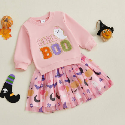 Baby Toddler Girls 2Pcs Girl Boo Halloween Outfit Long Sleeve Letter Ghost Embroidery Tops A-line Tulle Skirt Set