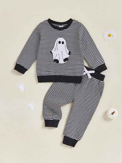 Baby Toddler Boys 2Pcs Halloween Outfit Ghost Embroidery Striped Long Sleeve Top and Elastic Pants Clothes Set