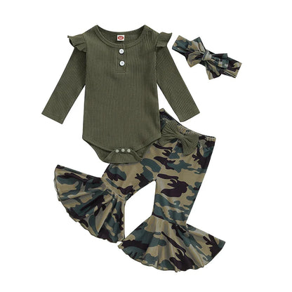 Baby Girls 3Pcs Fall Outfit Long Sleeve Ribbed Solid Color Romper Camouflage Print Flared Long Pants Headband Set