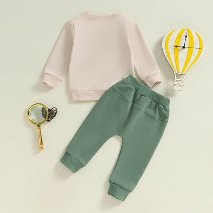 Baby Toddler Boys 2Pcs Big / Little Brother Matching Siblings Autumn Outfit Long Sleeve O Neck Letter Tractor Print Top Solid Color Pants Set