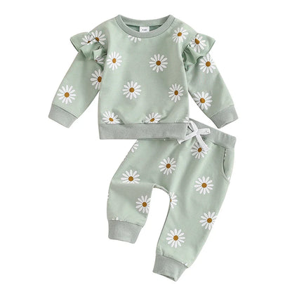 Baby Toddler Girls 2Pcs Fall Outfit Daisy Flower Print Long Sleeve Top with Elastic Waist Pants Set