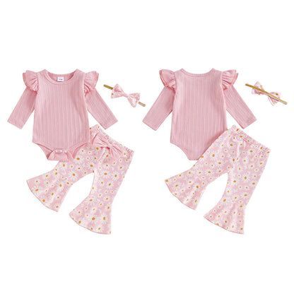 Baby Girl 3Pcs Fall Outfit Long Sleeve Ribbed Romper Daisy Flower Flare Pants Bow Headband Set