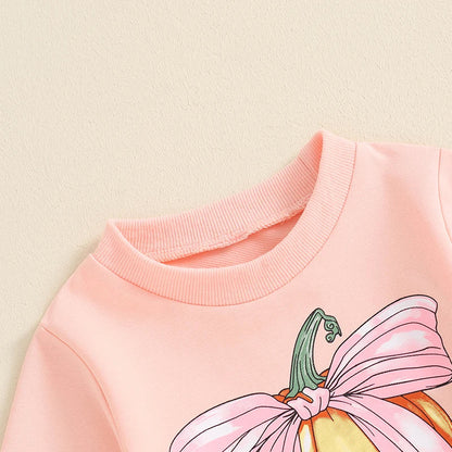 Baby Toddler Girls 2Pcs Halloween Outfit Bow Pumpkin Print Long Sleeve Top and Elastic Pants Set