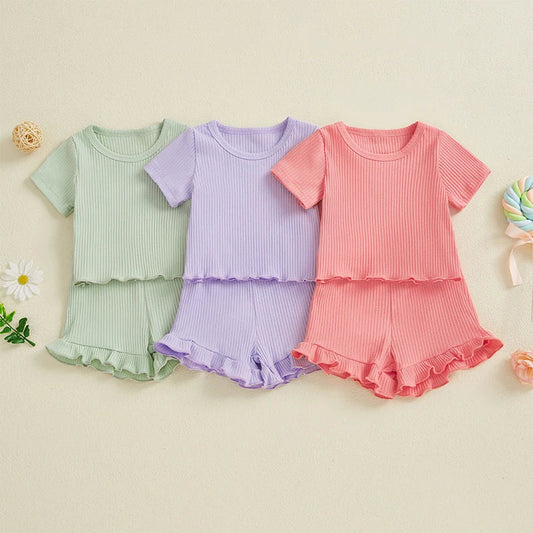 Baby Toddler Girls 2Pcs Ribbed Outfit Solid Color Short Sleeve T-Shirt Top Elastic Waist Ruffle Shorts Set