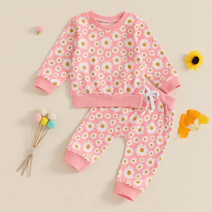 Baby Toddler Girls 2Pcs Fall Outfit Daisy Flower Print Long Sleeve Crewneck Top and Elastic Pants Jogger Set