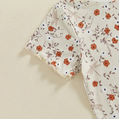 Baby Toddler Girls 2Pcs Set Floral Print Lettuce Trim Short Sleeve T-shirt Top Elastic Waist Shorts Summer Clothes Outfit