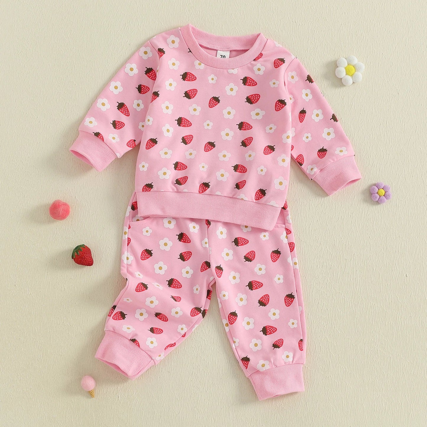 Baby Toddler Girl 2Pcs Fall Outfit Strawberry Flower Print Crew Neck Long Sleeve Top with Jogger Pants Set