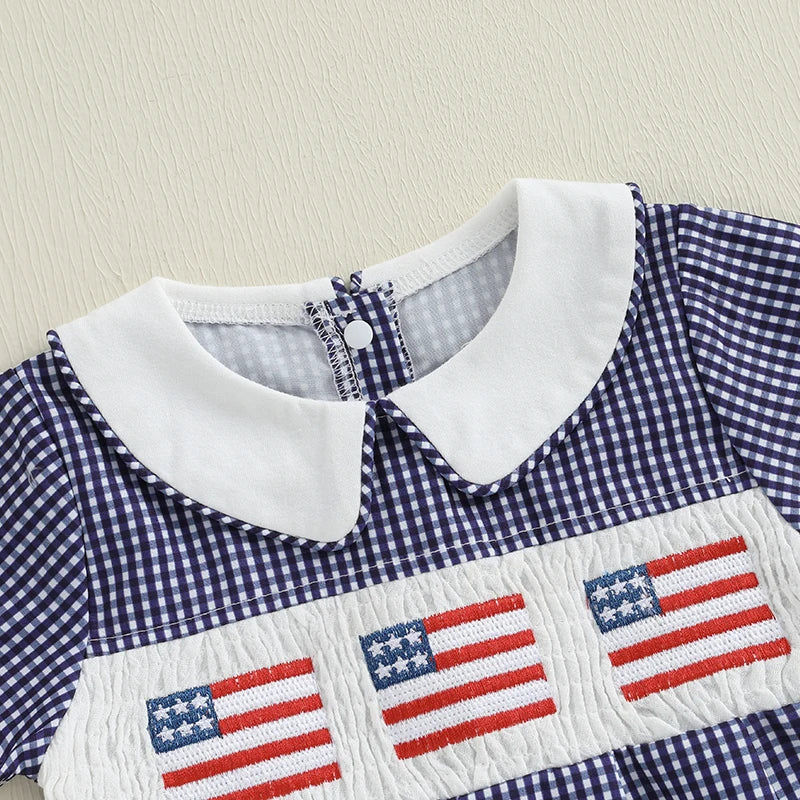 Baby Girl 4th of July Romper Smocked Plaid Pattern American Flag Embroidery Ruffled Doll Collar Short Sleeve Jumpsuit