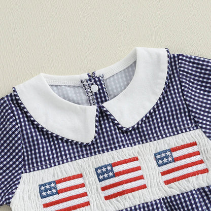 Baby Girl 4th of July Romper Smocked Plaid Pattern American Flag Embroidery Ruffled Doll Collar Short Sleeve Jumpsuit