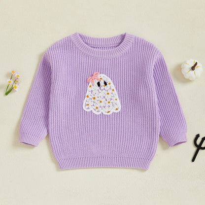 Baby Toddler Kids Girl Halloween Sweater Long Sleeve Round Neck Ghost Flower Embroidery Knit Pullover Top