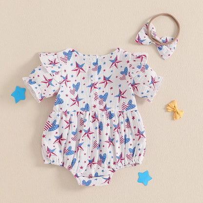 Baby Girl 2Pcs 4th of July Outfit Love Heart Star Pattern Ruffled Crew Neck Short Sleeve Romper & Bow Headband Set
