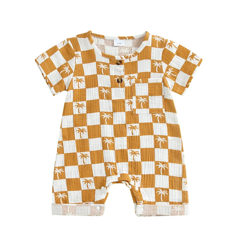 Baby Boy Romper Summer Short Sleeve Round Neck Checkered Tree Print Jumpsuit Playsuit
