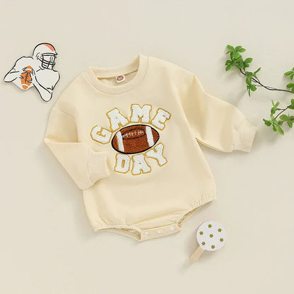 Baby Boys Girls Game Day Fall Bodysuit Letter Football Embroidery Long Sleeve Round Neck Jumpsuit Romper