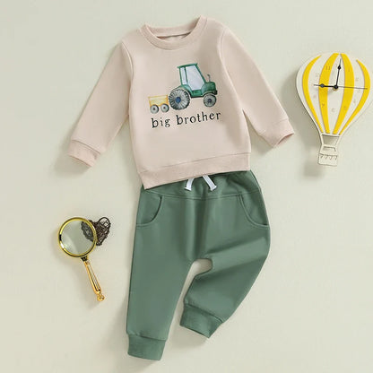 Baby Toddler Boys 2Pcs Big / Little Brother Matching Siblings Autumn Outfit Long Sleeve O Neck Letter Tractor Print Top Solid Color Pants Set